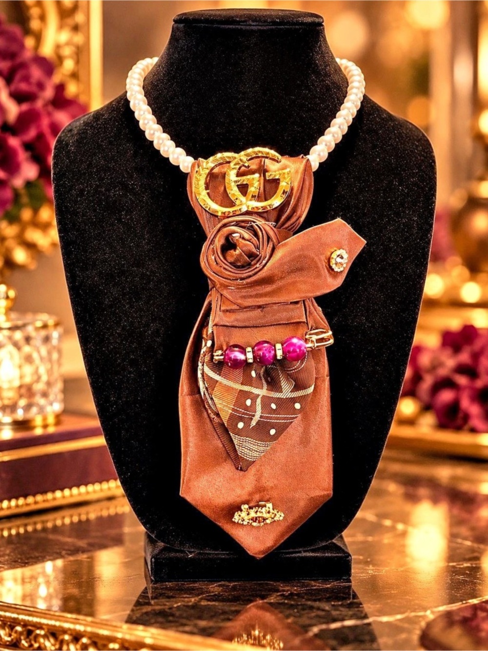 Statement Pendant Necklace in Brown & Gold